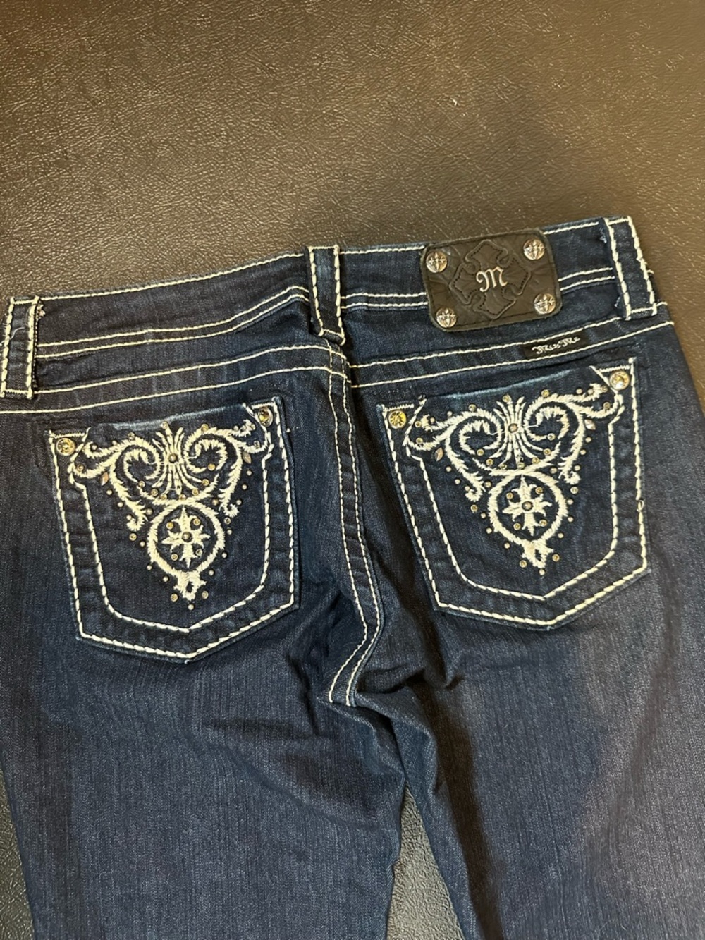 Miss Me Dark Blue Boot Cut Jeans with White Embroidered Pockets